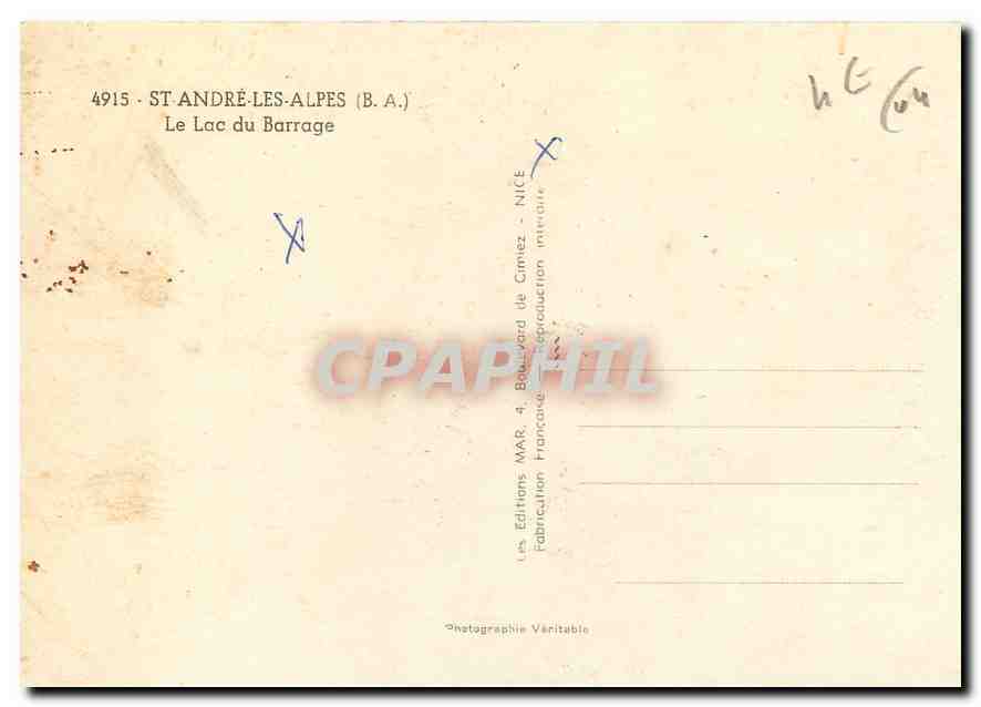 CPM St Andre les Alpes BA Le Lac du Barrage  — Back