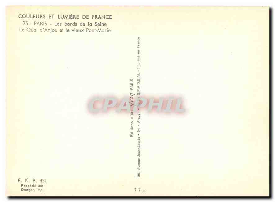 CPM Paris Les bords de la Seine Le Quai d'Anjou et le vieux Pont Marie  — Rückseite