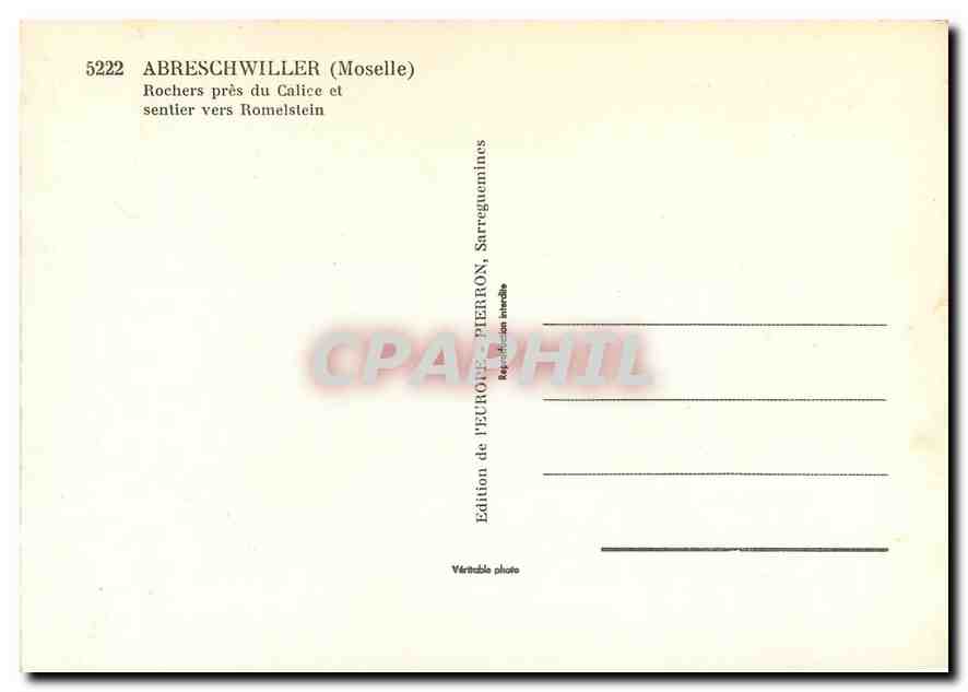CPM Abreschwiller Moselle Rochers pres du Calice et sentier vers Romelstein  — Back