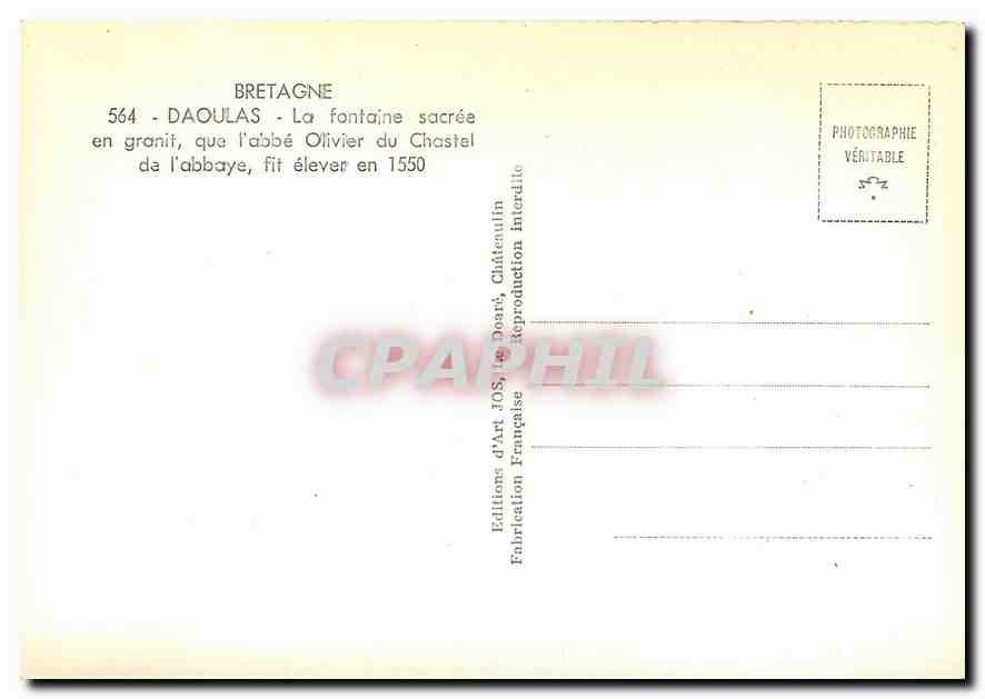 CPM Bretagne Daoulas La fontaine sacree en granit que l'abbe Olivier du Chastel da l'Abbaye  — Rückseite