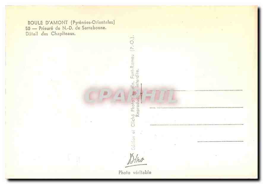 CPM Boule d'Amont Pyrenees Orientales Prieure de ND de Serrabonne Detail des Chapiteaux  — Rückseite