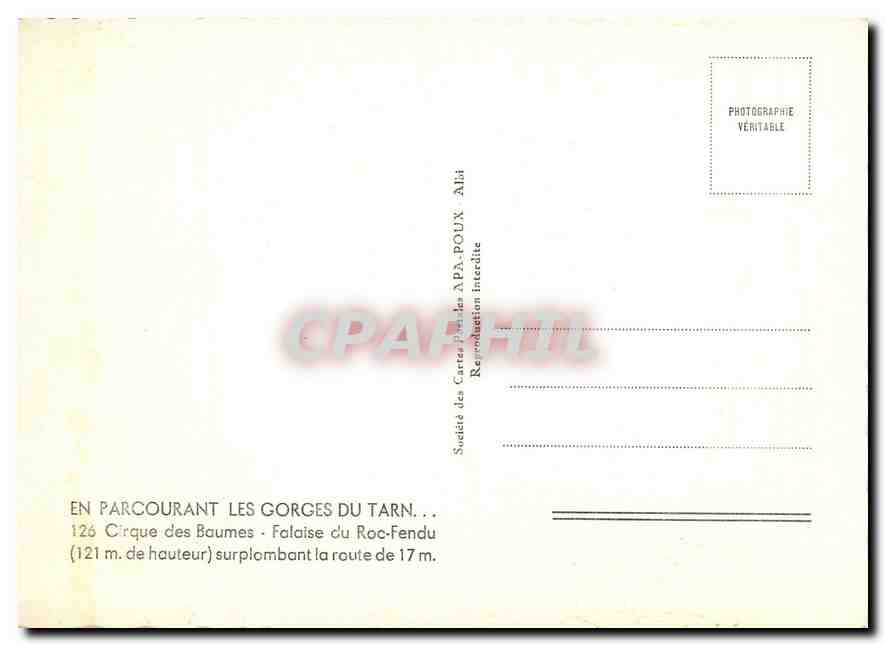 CPM Gorges du Tarn Cirque des Baumes Falaise du Roc Fendu surplombant  — Rückseite