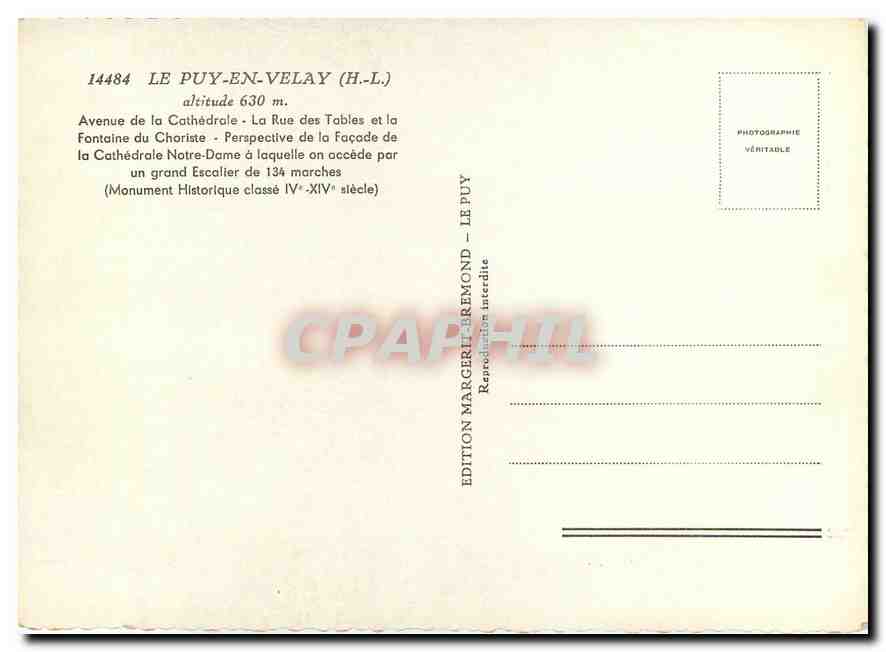 Le Puy-en-Velay — Cathédrale Notre-Dame — Rue des Tables — Édition Margerie-Rémond — Rückseite