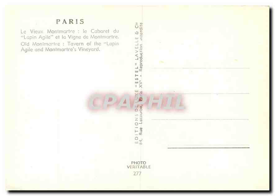CPM Paris Le Vieux Montmarte le Cabaret du Lapin Agile et la Vigne de Montmartre  — Rückseite