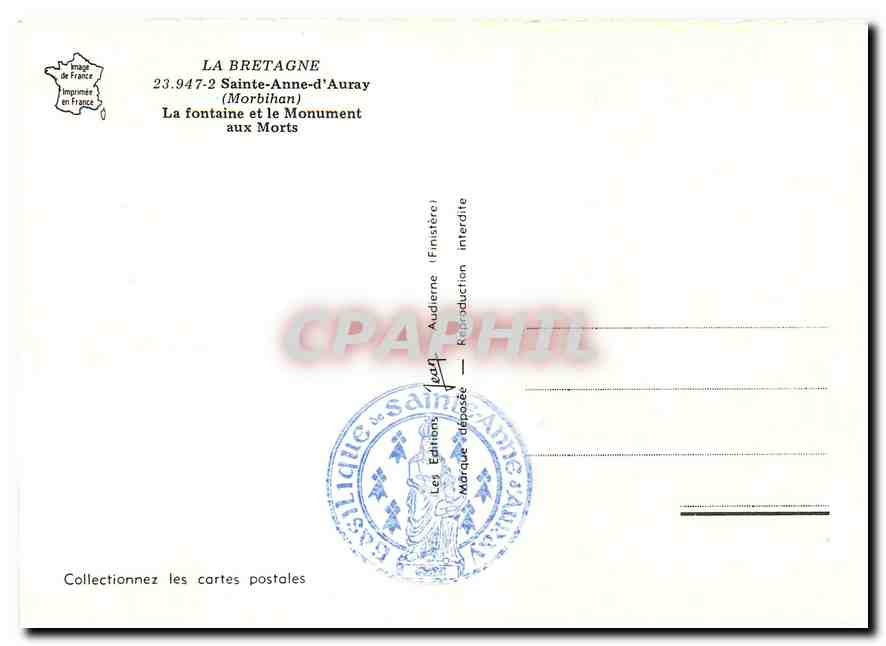 CPM Sainte Anne d'Auray Morbihan La fontaine et le Monument aux Morts  — Verso