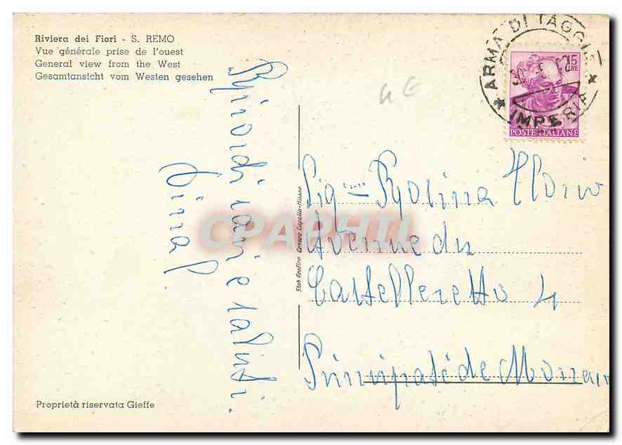 CPM Riviera dei Fiori S Remo Vue generale prise de l'ouest  — Back