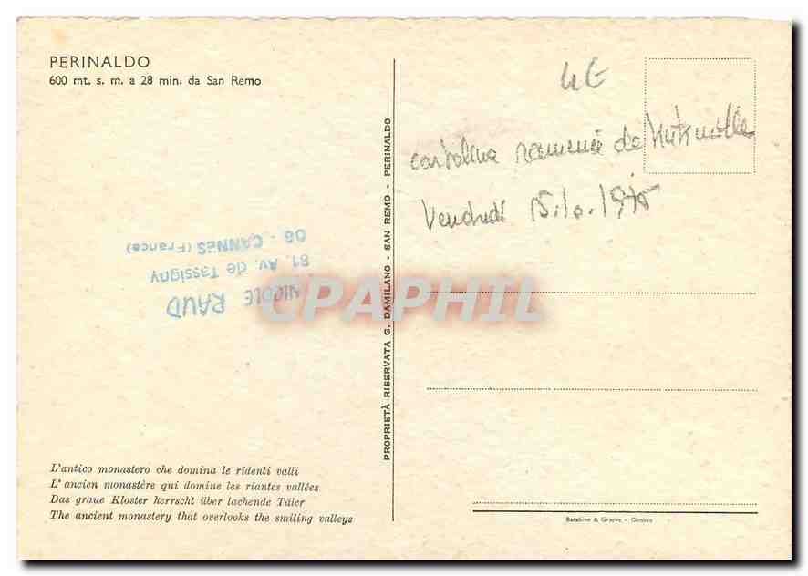 CPM Perinaldo L'ancien monastere qui domine les riantes Vallees  — Rückseite