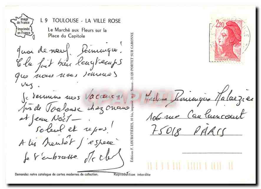 Toulouse - La Ville Rose — Marché aux Fleurs sur la Place du Capitole — Éditions F. LOUBATÈRES — Verso