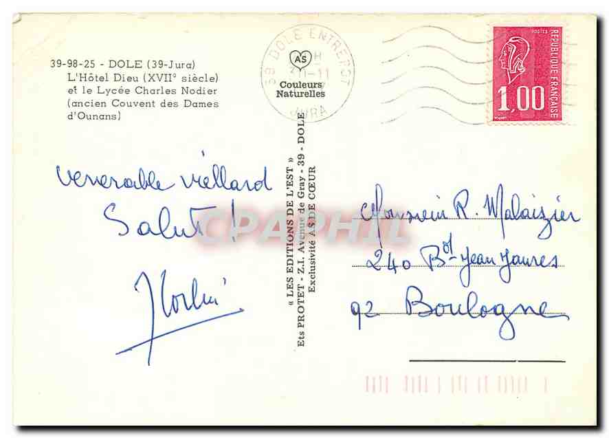 CPM Dole Jura L'Hotel Dieu et le Lycee Charles Nodier  — Back