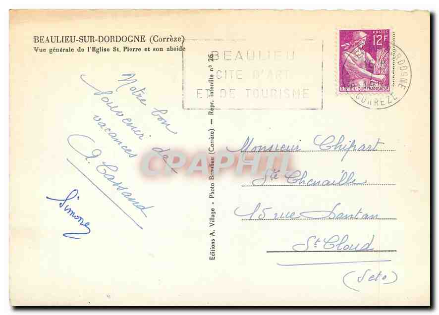 CPM Beaulieu sur Dordogne Correze Vue generale de l'Eglise St Pierre et son abside  — Verso
