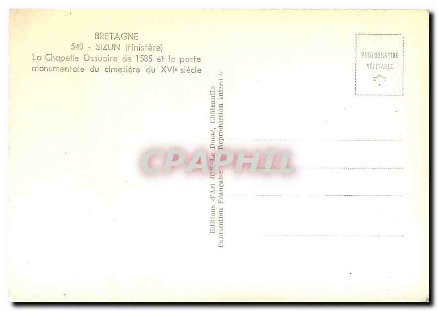 CPA Sizun Finistere La Chapelle Ossuaire de 1858  — Rückseite