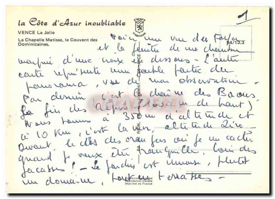 CPM Vence La Jolie La Chapelle Matisse le Couvent des Dominicaines  — Back