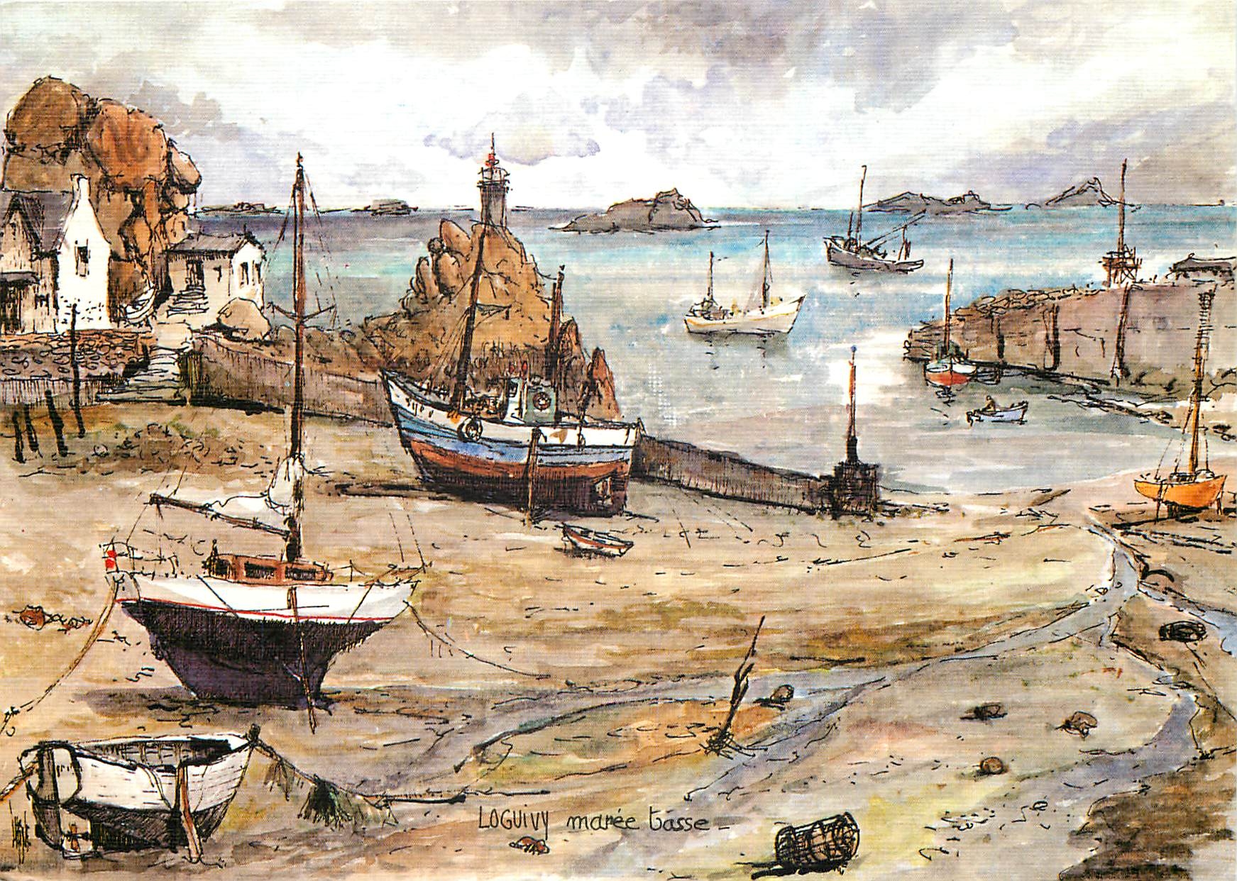 CPM Loguivy maree basse aquarelle originale de Robert Lepine 