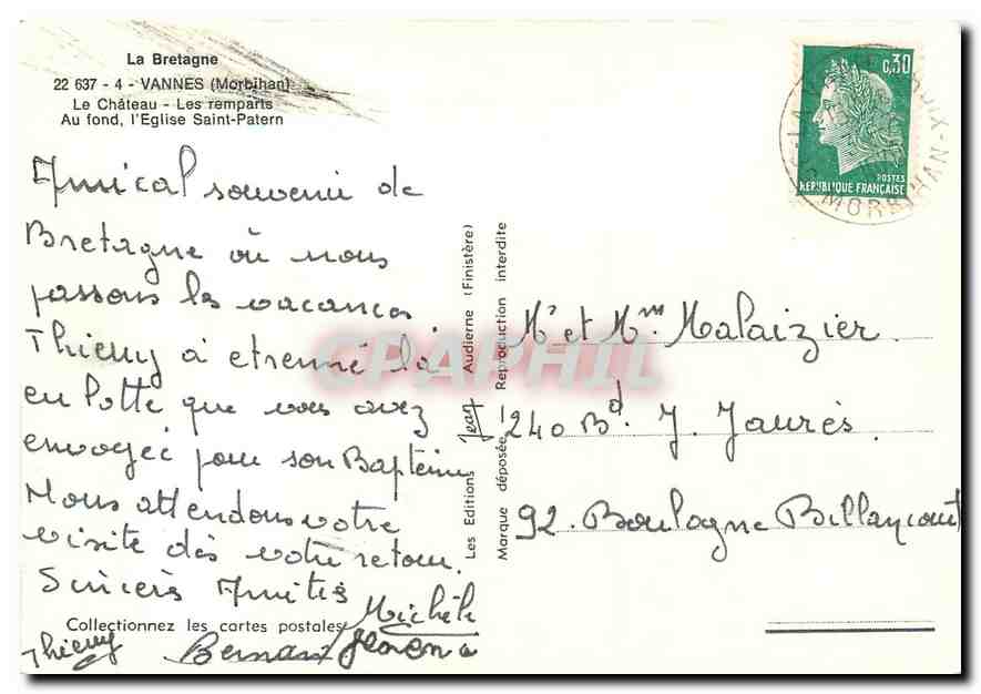 CPM Vannes Morbihan Le Chateau Les remparts Au fond l'Eglise Saint Patern  — Rückseite