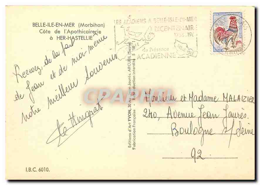 Côte de l'Apothicaire à Her-Hastellie — Belle-Île-en-Mer — Éditions d'Art Yvon — Rückseite