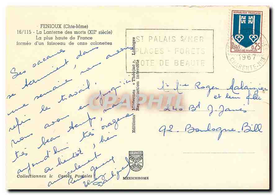 CPM Fenioux Chte Mme La Lanterne des morts La plus haute de France  — Verso