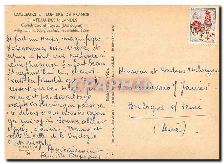 CPM Chateau des Milandes Castelnaud et Fayrac Dordogne  — Rückseite
