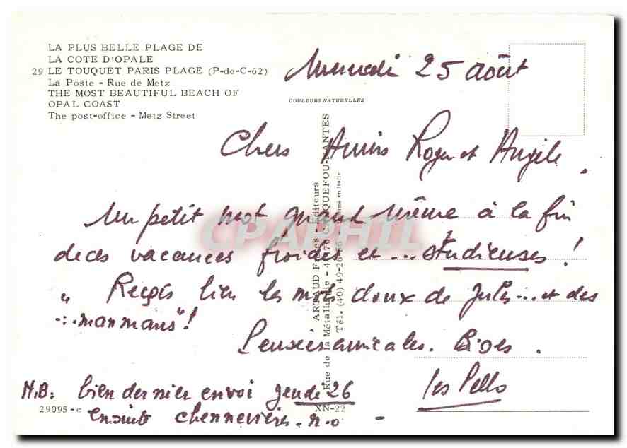 CPM Le Touquet Paris Plage P de C La Poste Rue de Metz  — Rückseite