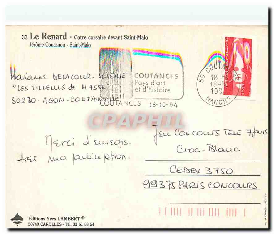 Le Renard - Cotre corsaire devant Saint-Malo — Jérôme Couasnon — Éditions Yves Lambert — Verso