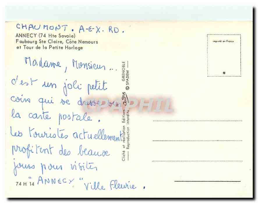CPM Annecy Hte Savoie Faubourg Ste Claire Cote Nemours et Tour de la Petite Horloge  — Rückseite