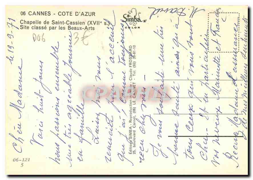 CPM Cannes La Cote d'Azur Chapelle de Saint Cassien  — Rückseite