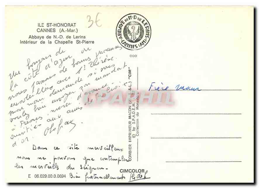 CPM Ile St Honorat Cannes A Mar Abbaye de ND de Lerins  — Rückseite