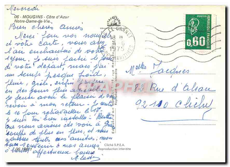 CPM Mougins Cote d'Azur Notre Dame de Vie  — Rückseite