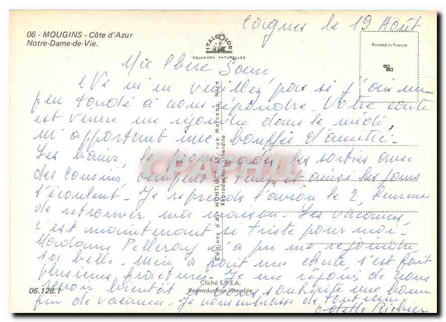 CPM Mougins Cote d'Azur Notre Dame de Vie  — Rückseite