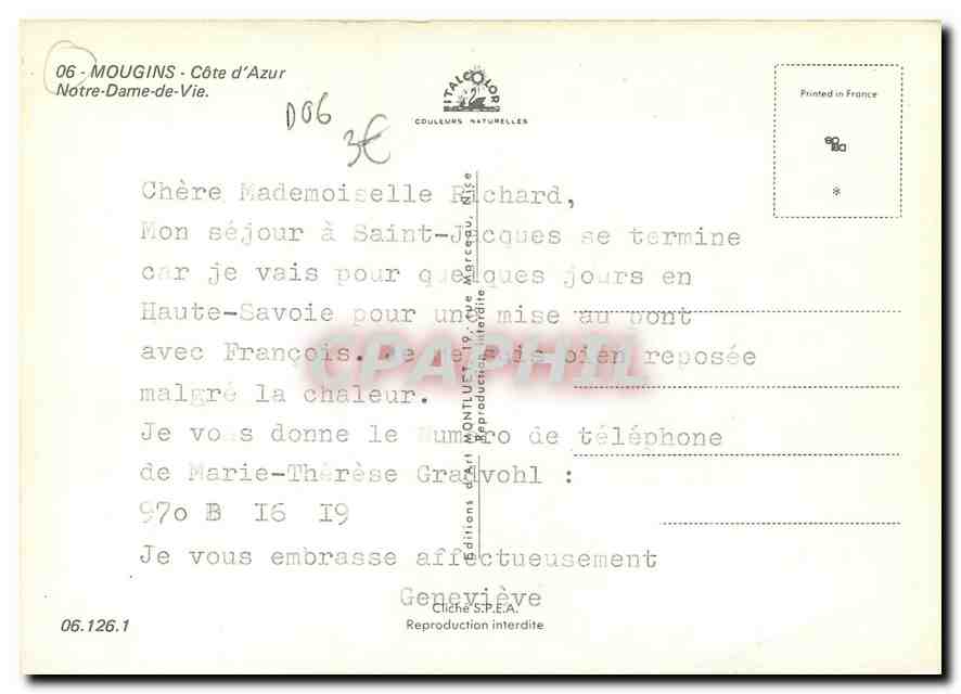 CPM Mougins Cote d'Azur Notre Dame de Vie  — Rückseite