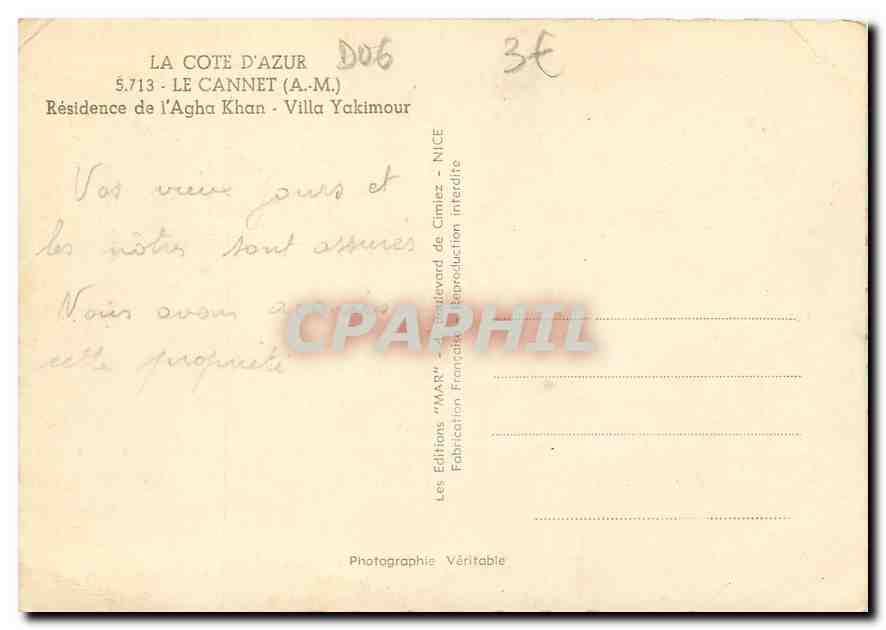 CPM Le Cannet AM Residence de l'Agha Khan Villa Yakimour  — Rückseite
