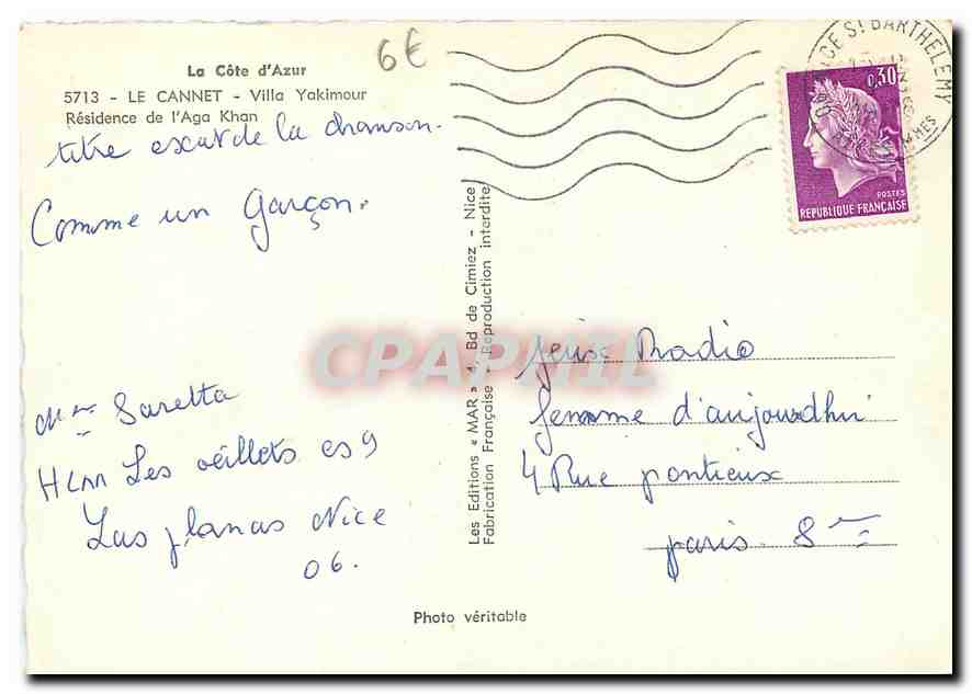 CPM Le Cannet Villa Yakimour Residence de l'Aga Khan  — Rückseite