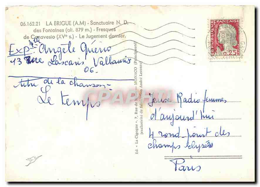 CPM La Brigue AM Sanctuaire ND des Fontaines  — Verso