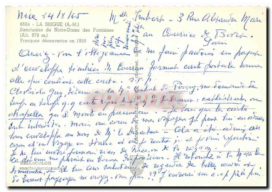 CPM La Brigue AM Sanctuaire de Notre Dame des Fontaines  — Verso