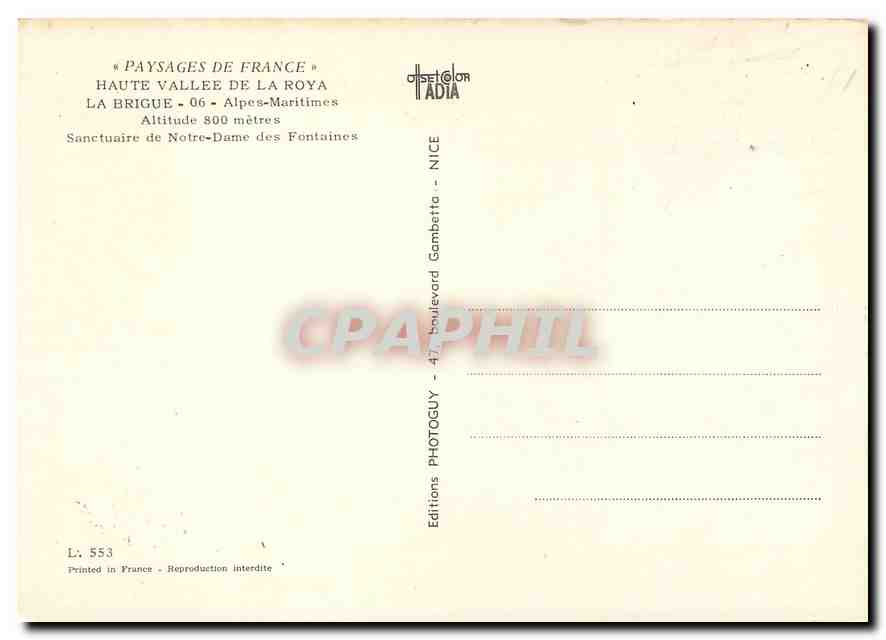 CPM La Brigue Alpes Maritimes Sanctuaire de Notre Dame des Fontaines  — Verso