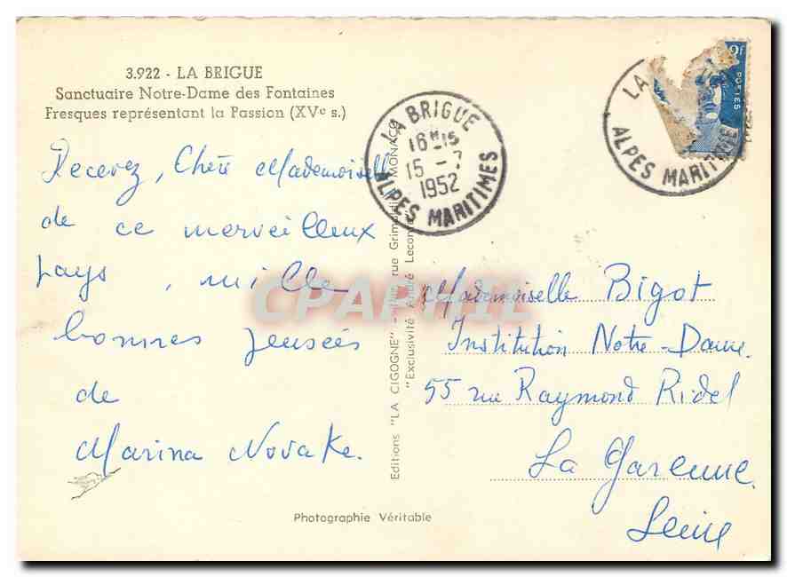 CPM La Brigue Sanctuaire Notre Dame des Fontaines  — Verso