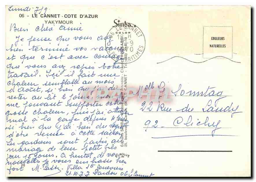 CPM Le Cannet Cote d'Azur Yakymour  — Rückseite