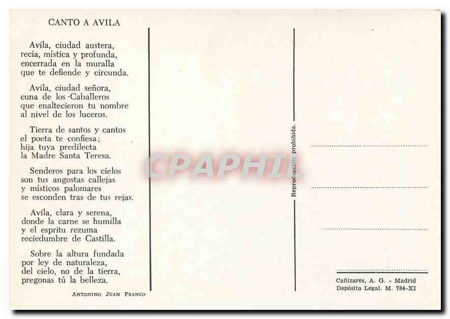 CPM Canto a Avila Antonino Juan Franco  — Rückseite