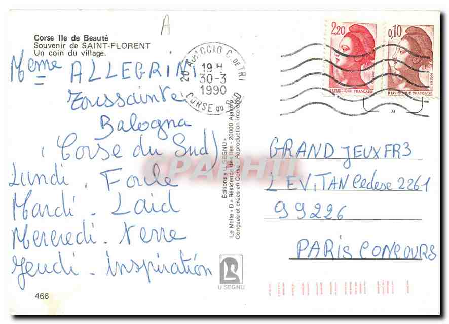 CPM Corse Ile de Beaute Souvenir de Saint Florent Un coin du village  — Rückseite