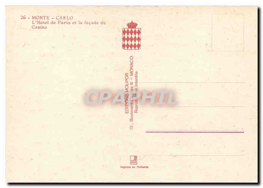 CPM Monte Carlo L'Hotel de Paris et le facade du Casino  — Rückseite