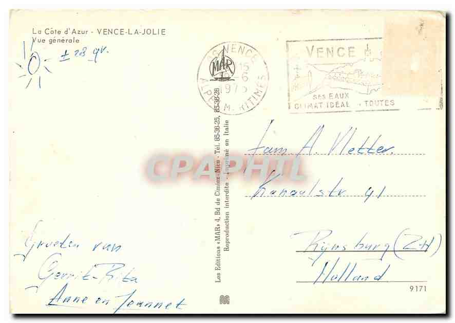 CPM La Cote d'Azur Vence la Jolie Vue generale  — Rückseite