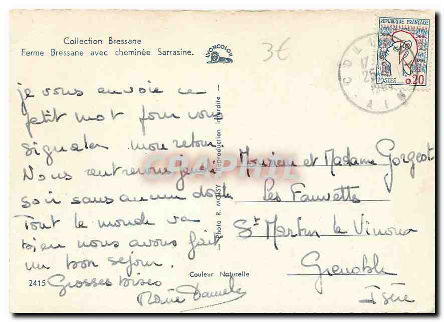 CPM Collection Bressane Ferme Bressane avec cheminee Sarrasine  — Rückseite