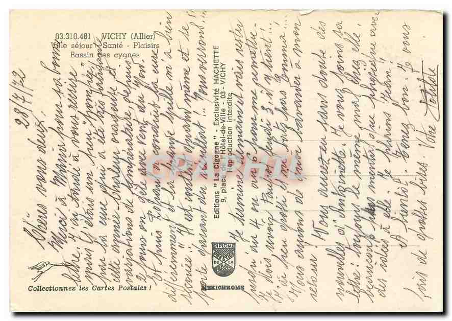 CPM Vichy Allier Ville sejour Cygne — Rückseite