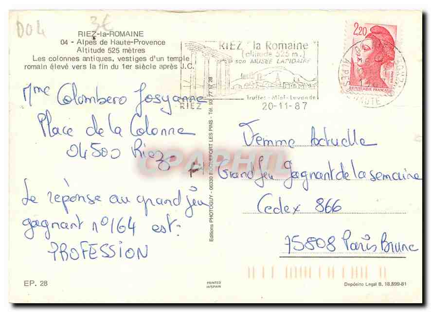 CPM Riez la Romaine Alpes de Haute Provence  — Rückseite