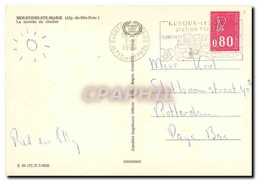 CPM Moustiers Ste Marie Alpe de Hte Prov La montee du clocher  — Verso