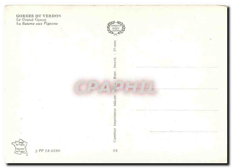 Gorges du Verdon — Der Grand Canyon, La Baume aux Pigeons — Imprimeur Combier, n° 3 PP 78 0590 — Rückseite