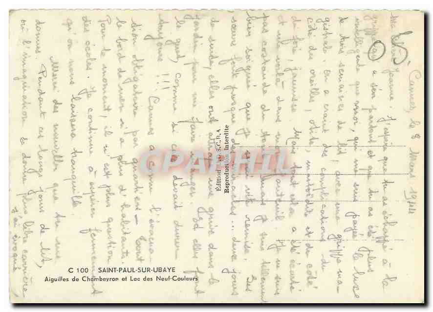 Aiguilles de Chambeyron et Lac des Neuf-Couleurs — Saint-Paul-sur-Ubaye — Édition S.C.P. A — Verso