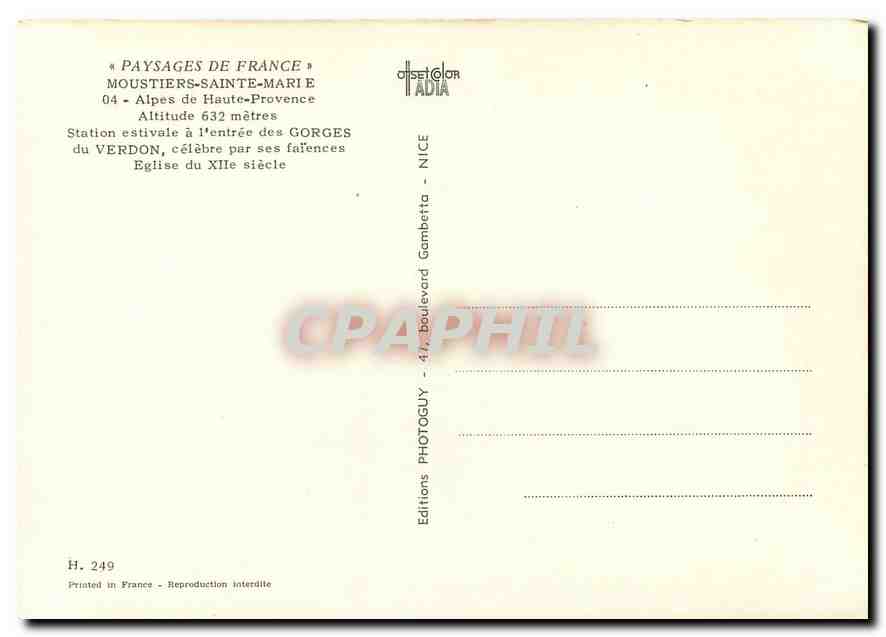 CPM Moustiers Sainte Marie Alpes de Haute Provence  — Rückseite