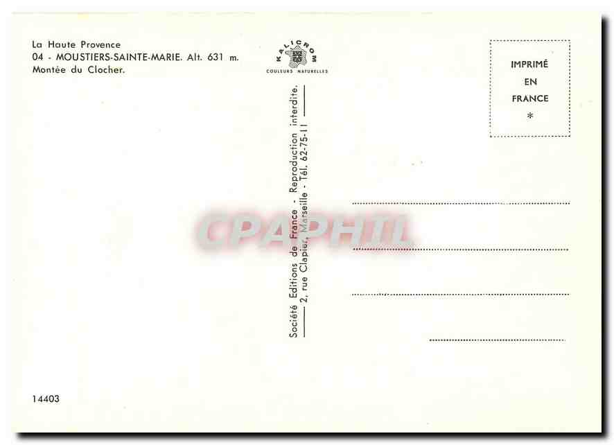 CPM Moustiers Sainte Marie Montee du Clocher  — Rückseite