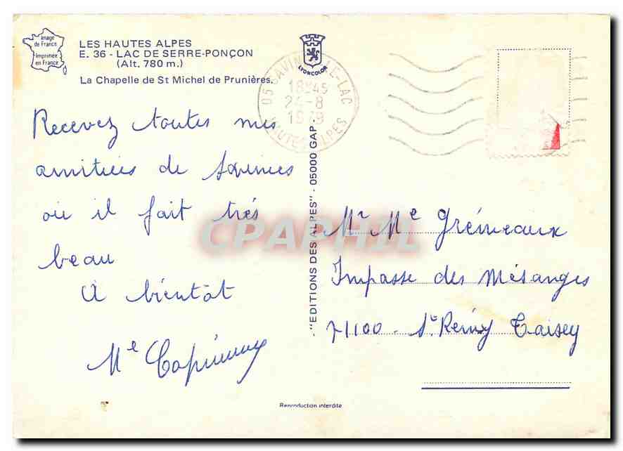 CPM Les Hautes Alpes Lac de Serre Poncon La Chapelle de St Michel de Prunieres  — Verso
