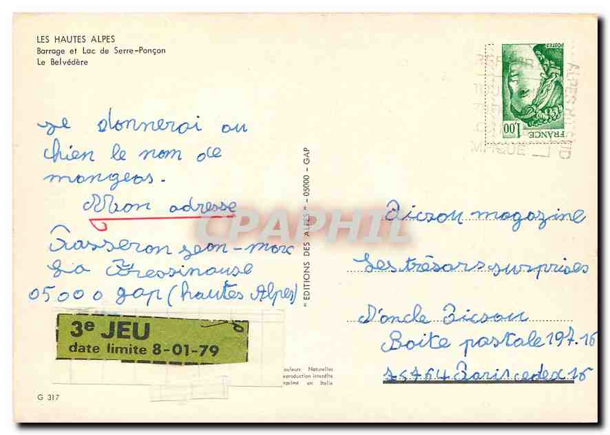 CPM Les Hautes Alpes Barrage et Lac du Serre Poncon Le Belvedere  — Rückseite